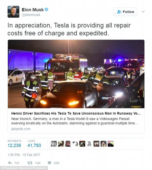 Elon Musk tweeted that repair costs of Kick's damaged car will be free of charge and expedited