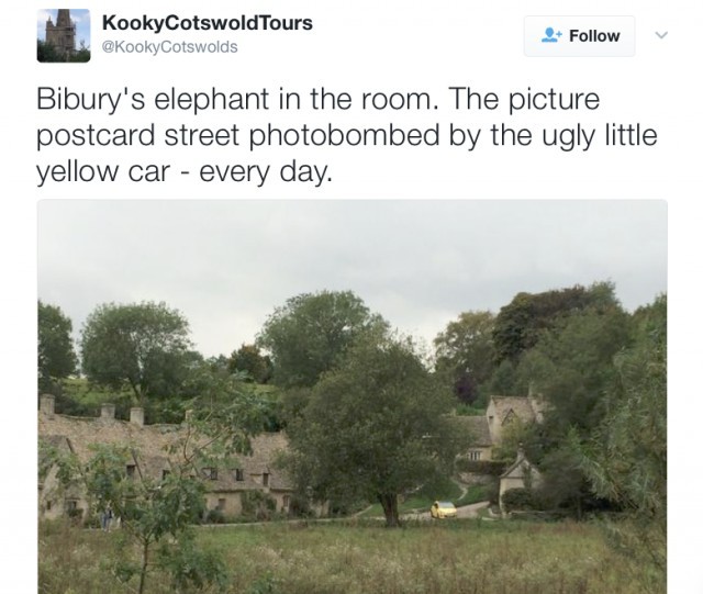A twitter snapshot mentioning Peter Maddox's yellow car.