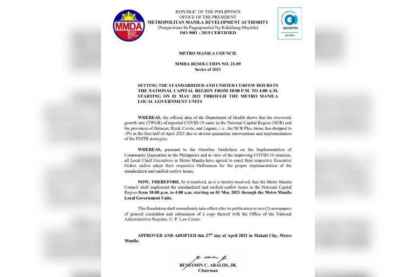 MMDA resolution to be implemented starting May 1, 2021