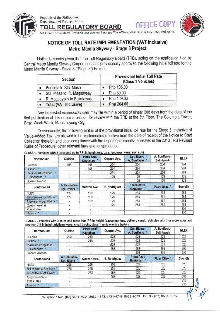 Notice of Toll Rate Implementation for Skyway Stage 3