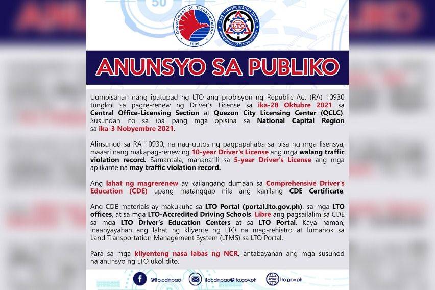 LTO announcement on driver's license renewal