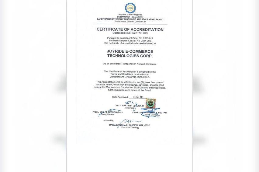 Joyride's Certificate of Accreditation