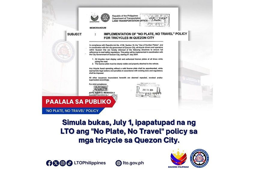 LTO implements ‘No Plate, No Travel’ policy for tricycles in QC LTO implements ‘No Plate, No Travel’ policy for tricycles in QC