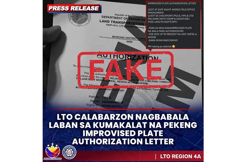 LTO alerts public on fake improvised plate authorization letter LTO Fake Letter
