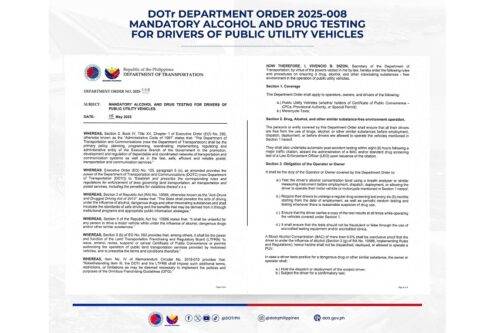 PUV drivers to undergo mandatory alcohol, drug testing, says DOTr